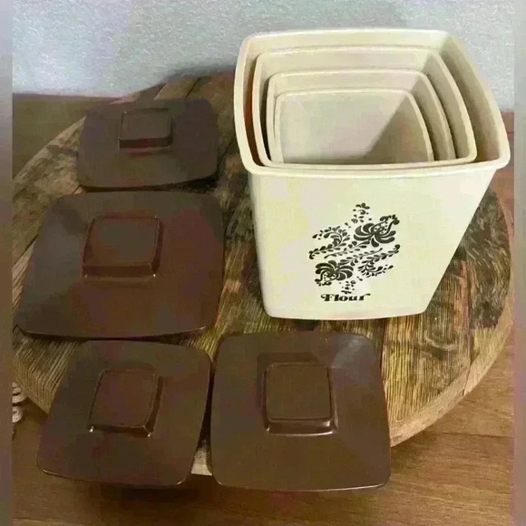 Vtg 4 Piece Kitchen Canister Set Plastic Square Nesting Beige Brown MCM Kitschy - Picture 4 of 11